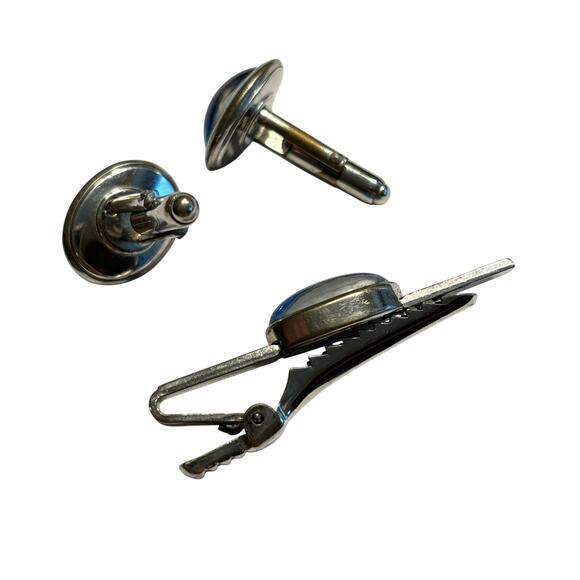 Vintage Anson silver & blue starburst men’s jewelry set cufflinks & tie bar clip - Picture 4 of 8